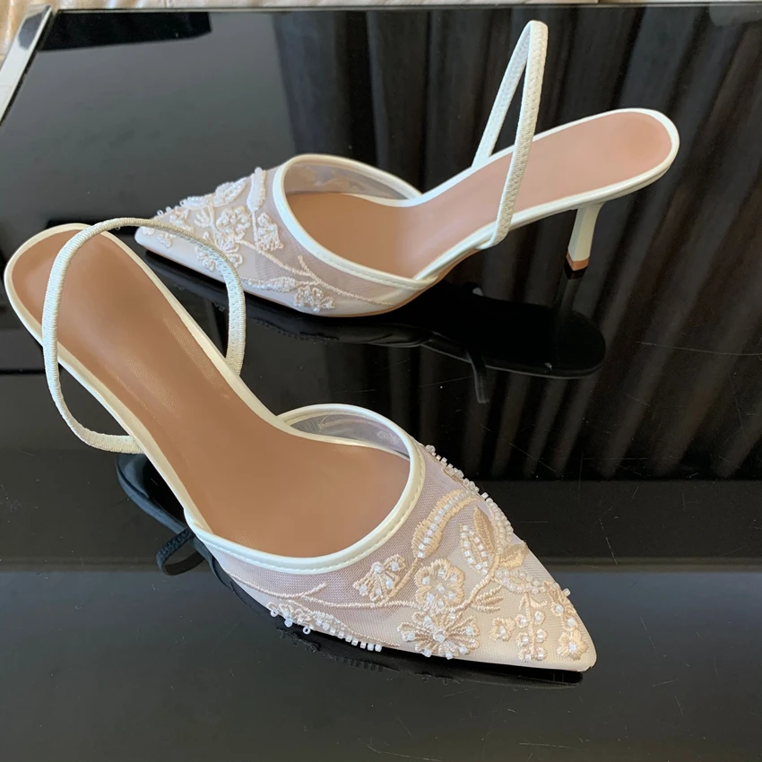 Brand Designer White Women Pumps Mesh Embroidered Flowers Back Strap Sexy Slingback High Heels Dress Wedding Shoes for Ladies - Image 11