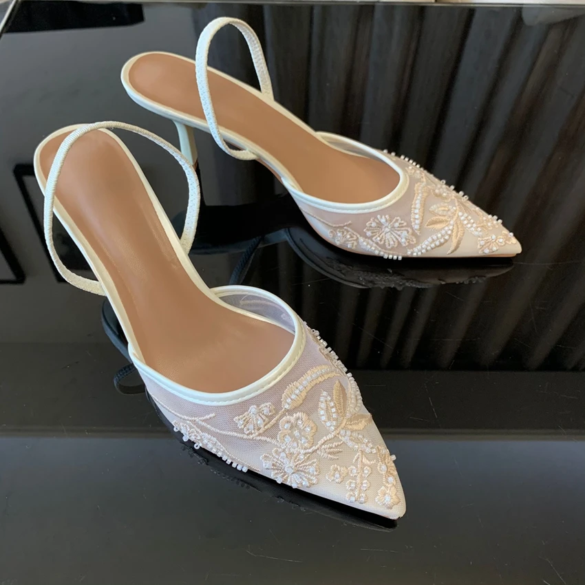 Brand Designer White Women Pumps Mesh Embroidered Flowers Back Strap Sexy Slingback High Heels Dress Wedding Shoes for Ladies - Image 10