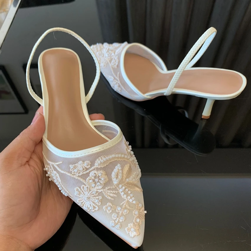 Brand Designer White Women Pumps Mesh Embroidered Flowers Back Strap Sexy Slingback High Heels Dress Wedding Shoes for Ladies - Image 5