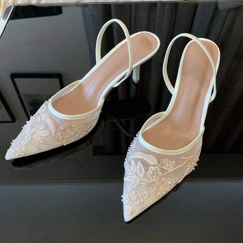 Brand Designer White Women Pumps Mesh Embroidered Flowers Back Strap Sexy Slingback High Heels Dress Wedding Shoes for Ladies - Image 2