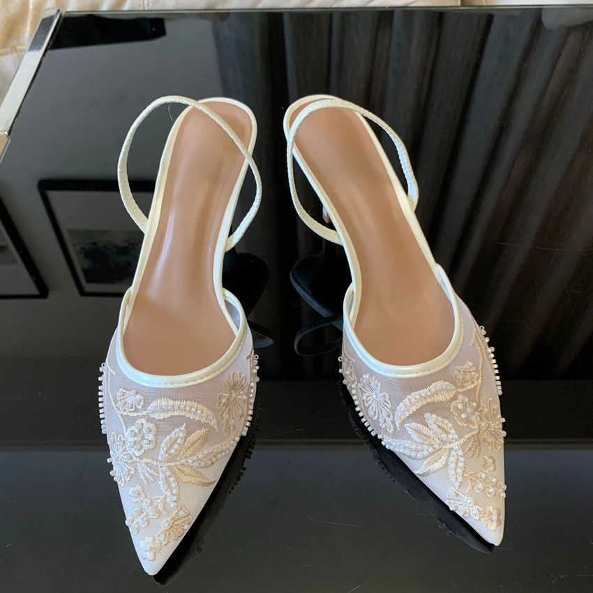 Brand Designer White Women Pumps Mesh Embroidered Flowers Back Strap Sexy Slingback High Heels Dress Wedding Shoes for Ladies - Image 3