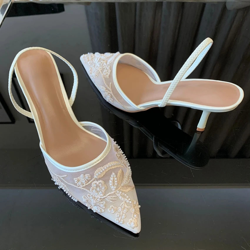 Brand Designer White Women Pumps Mesh Embroidered Flowers Back Strap Sexy Slingback High Heels Dress Wedding Shoes for Ladies - Image 4