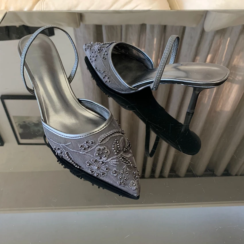 Brand Designer White Women Pumps Mesh Embroidered Flowers Back Strap Sexy Slingback High Heels Dress Wedding Shoes for Ladies - Image 7