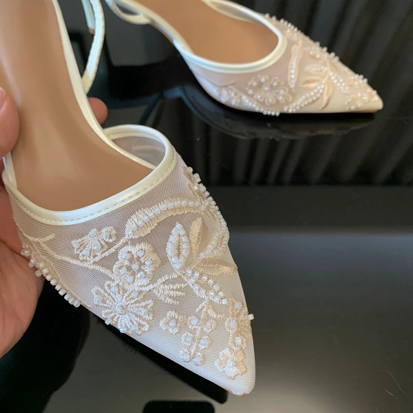Brand Designer White Women Pumps Mesh Embroidered Flowers Back Strap Sexy Slingback High Heels Dress Wedding Shoes for Ladies - Image 13