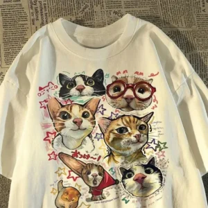 American Retro Fun Cartoon Cat Print Short-sleeved T-shirt Women's Summer Loose Top T-shirt Fashion Harajuku Kawaii Y2K Clothing