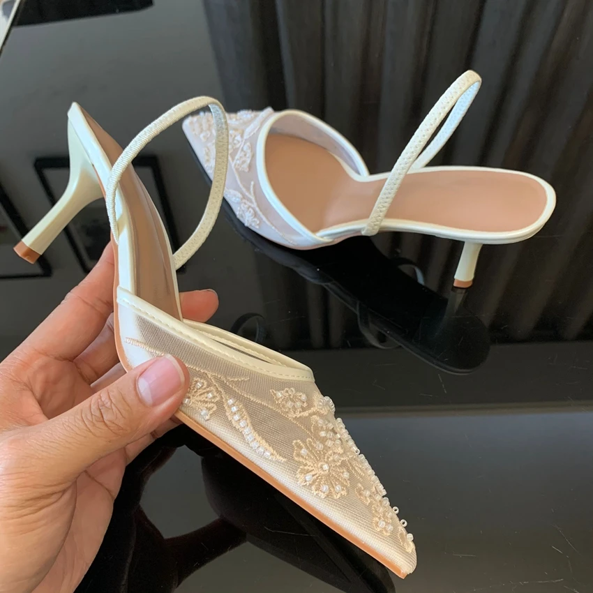 Brand Designer White Women Pumps Mesh Embroidered Flowers Back Strap Sexy Slingback High Heels Dress Wedding Shoes for Ladies - Image 12