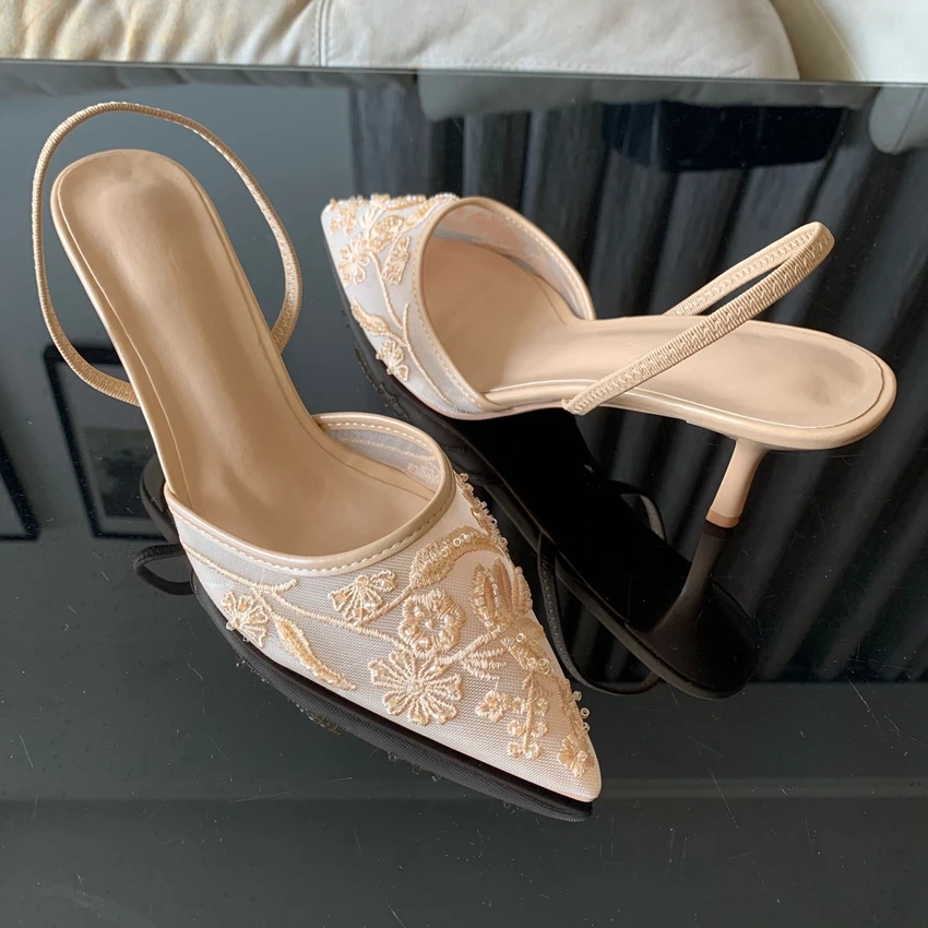 Brand Designer White Women Pumps Mesh Embroidered Flowers Back Strap Sexy Slingback High Heels Dress Wedding Shoes for Ladies - Image 8